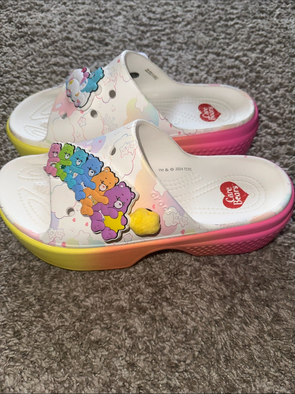 Care Bears Gradient Slide Sandals with Pom-Pom Accent - Pink, Yellow, Orange